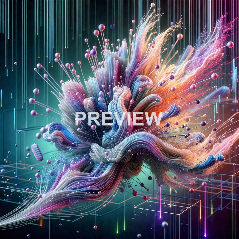 The image features an abstract, colorful explosion of flowing, ribbon-like structures with spherical elements emanating from the center, set against a dark background with grid-like lines and glowing points.